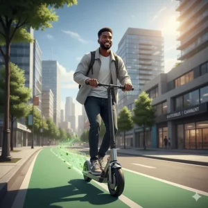 An illustration of a performance electric scooter for commuting as a green alternative to cars in Canadian urban centers.