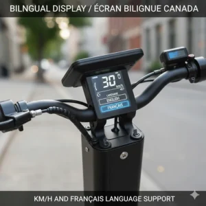 Close-up of a digital scooter dashboard showing speed in km/h. Inclusive of bilingual settings (English/Français) for the Canadian market.
