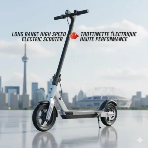 A stylized graphic featuring the focus keyword long range high speed electric scooter alongside the French trottinette électrique haute performance.