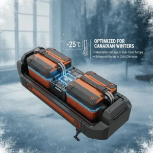 A 3D illustration of a dual battery system designed to maintain voltage during cold Canadian winters and sub-zero temperatures.