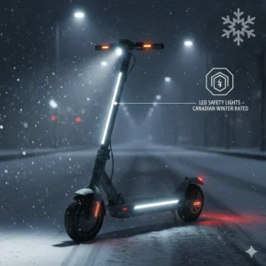 Close-up illustration of LED safety lights on a long range electric scooter, essential for dark Canadian winter commutes.