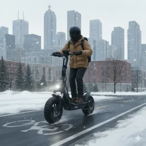 All terrain electric scooter with pneumatic tires navigating a light dusting of snow on a Toronto bike lane.