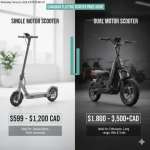 A visual price scale showing the investment difference between entry-level single motor and premium dual motor scooters in CAD.