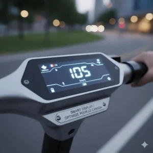 Digital dashboard of the most powerful electric scooter showing speed in km/h, optimized for Canadian riders with smart app integration.