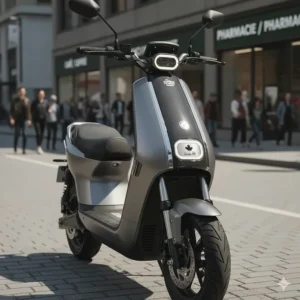 Illustration of a high-end electric scooter with a Quality / Qualité badge for the bilingual Canadian market.