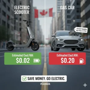Comparison chart illustration showing the cost-per-kilometer savings of a long range electric scooter versus Canadian gas prices.