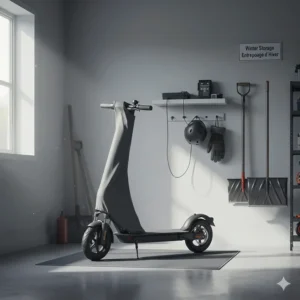 An illustration of an electric scooter being stored indoors during a Canadian winter to protect the battery.