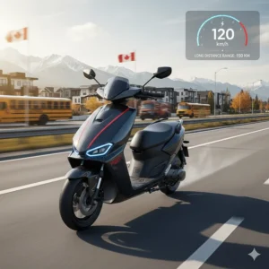 Illustration showing a racing electric scooter reaching top speeds, ideal for long-distance Canadian suburban commutes.