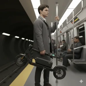 Compact, foldable performance electric scooter for commuting on the GO Train or Montreal Metro.