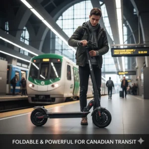 Lightweight yet most powerful electric scooter folded for easy transport on Canadian public transit like the GO Train or Montreal Metro.