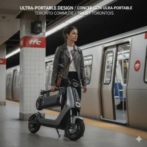 A lightweight, folding high-end electric scooter being carried near a TTC subway entrance in Toronto.