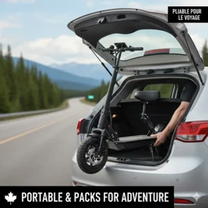 Illustration showing a heavy-duty electric scooter folded down to fit into the trunk of a hatchback, highlighting its portability for Canadian road trips.