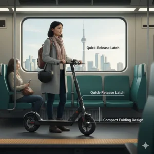 Line art of a racing electric scooter in its folded position, highlighting portability for Canadian multi-modal transit users.