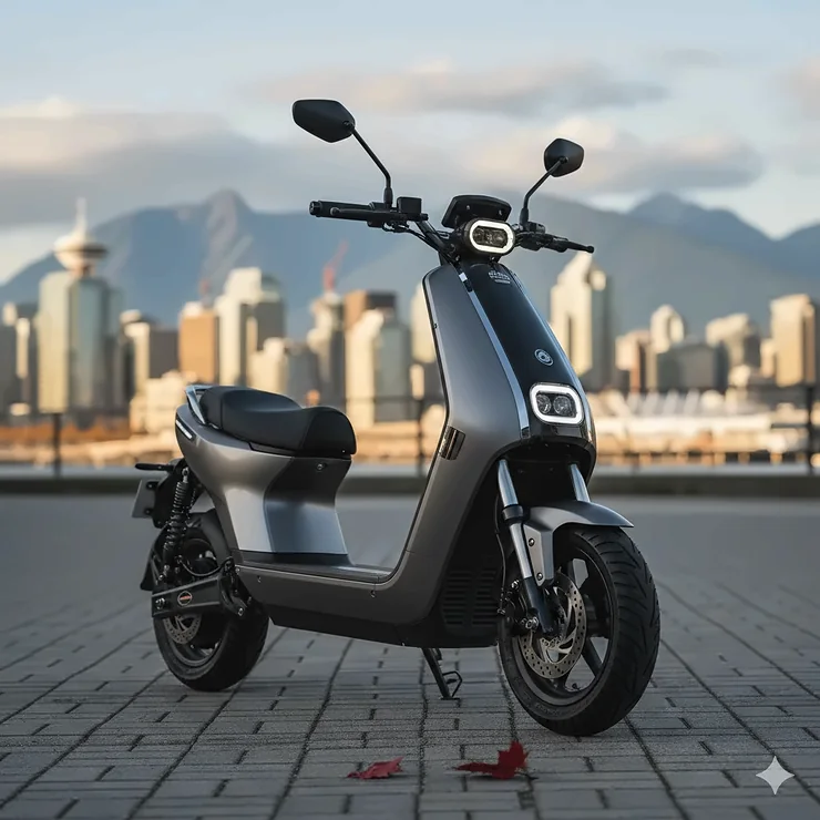 A premium high-end electric scooter parked on a clean Canadian city sidewalk with a blurred downtown skyline in the background.