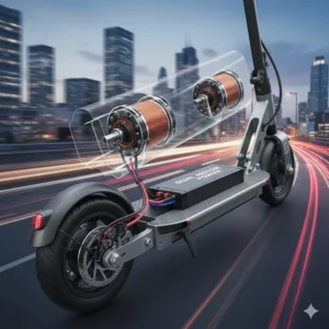 Graphic showing the internal dual-motor system of a high speed electric scooter designed for quick Canadian urban transit.