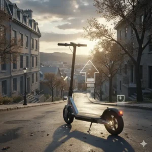 Illustration of a high speed electric scooter easily ascending a steep Canadian hill, emphasizing torque and motor efficiency.