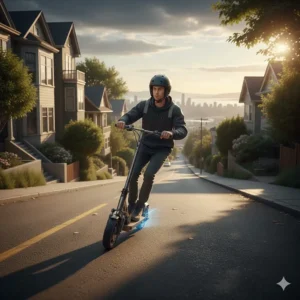 High-torque motor on a performance electric scooter climbing a steep urban incline in a Canadian city.