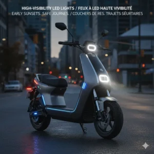 High-visibility LED lighting system on a high-end electric scooter for safe riding during early Canadian sunsets.