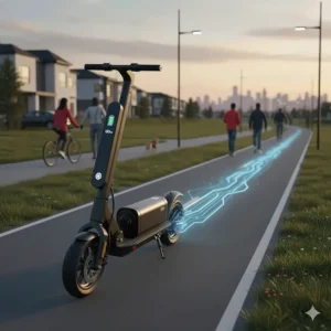 Performance electric scooter for commuting showing long-range battery life for crossing large Canadian suburban distances.