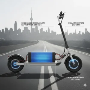 Technical diagram showing the high-capacity battery of a dual motor electric scooter for long-distance Canadian commutes.