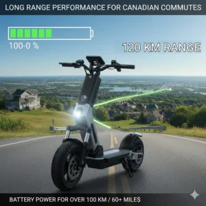 Illustration showing the battery range of a performance e-scooter under 2000 dollars, highlighting its ability to handle long Canadian suburban commutes.