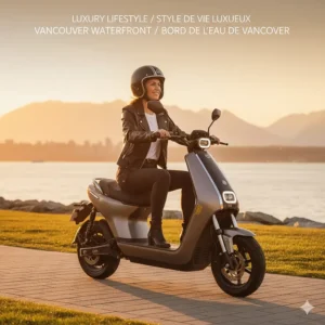 A rider enjoying a high-end electric scooter on a scenic Vancouver waterfront path during golden hour.