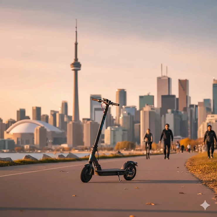 The most powerful electric scooter for Canadian commuters, featuring a dual-motor design on a paved urban path with the Toronto CN Tower skyline in the background.