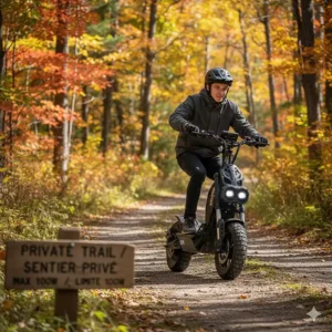 Off-road 1000W electric scooter being used on a private Canadian trail where higher wattage is legally permitted.