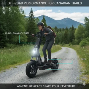 Illustration of a rugged performance scooter under $2000 with 10-inch pneumatic tires riding on a gravel trail in a Canadian park.