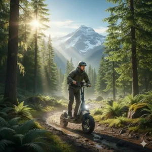 Illustration of a rider using an all terrain electric scooter with pneumatic tires to explore a forest trail in British Columbia.