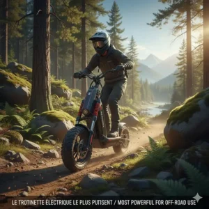 Rugged all-terrain electric scooter with hydraulic suspension on a Canadian nature trail; le trottinette électrique le plus puissant for off-road use.