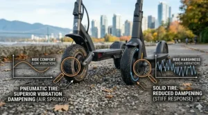 Visual representation of vibration dampening in pneumatic tires vs the stiffer ride of solid tires on Canadian gravel paths.