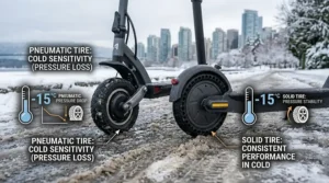 Infographic showing how tire pressure in pneumatic tires fluctuates in cold Canadian winters compared to rigid solid tires.