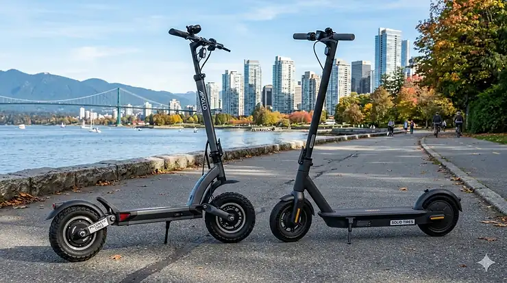 A comparison of pneumatic vs solid tires on performance scooters parked on a paved Canadian urban trail during autumn. pneumatic vs solid tires performance scooter