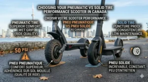 A summary graphic in English and French comparing "pneumatic vs solid tires" for the Canadian e-scooter market.