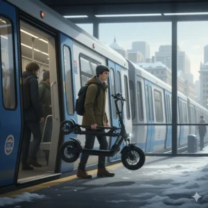 A folded all terrain electric scooter with pneumatic tires being carried onto a Montreal STM train.