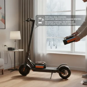 A diagram showing how to remove dual batteries from an e-scooter for convenient indoor charging during a Canadian winter.