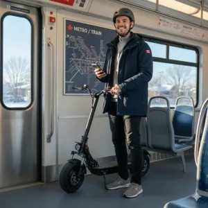 Folded 1000W electric scooter showing portability for Canadian multi-modal commuters using public transit.