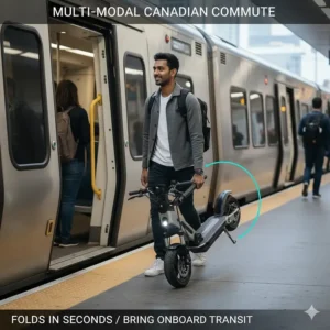 A folded performance electric scooter being carried onto a GO Train or STM Metro. Highlighting portability for multi-modal Canadian transit.