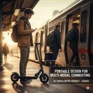 Illustration of a folded long range high speed electric scooter being carried onto a GO Train or Montreal Metro for multi-modal commuting.