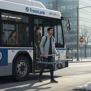 A commuter carrying a lightweight single motor scooter onto a Canadian transit bus, emphasizing portability.