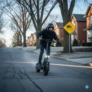 High-torque 1000W electric scooter climbing a steep Canadian residential hill, demonstrating the benefit of extra motor power.