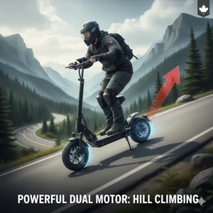A graphic demonstrating a dual-motor high speed scooter for heavy adults easily ascending a steep incline, ideal for hilly Canadian terrain.