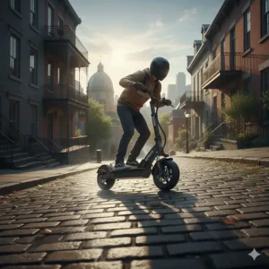 High-torque electric scooter climbing a steep incline in Montreal; recognized as the most powerful electric scooter for hilly Canadian terrain.