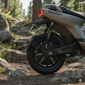 Close-up of a high-end electric scooter motor designed for climbing steep Canadian hills and terrain.