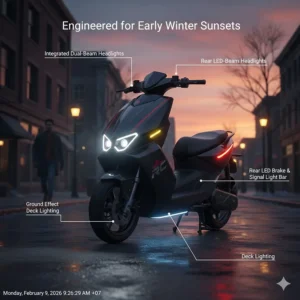 Illustration of integrated LED lighting on a racing electric scooter for high visibility during early Canadian winter sunsets.