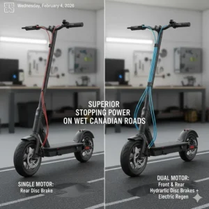 A technical view of the braking systems on dual motor vs single motor scooters for safety on wet Canadian roads.