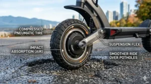 Diagram showing how pneumatic tires absorb impacts from Canadian potholes and uneven pavement for a smoother ride.