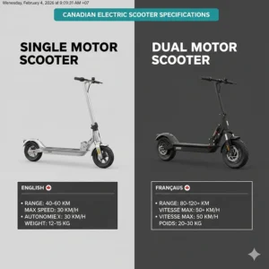 A bilingual English and French specification chart comparing dual motor (moteur double) and single motor (moteur unique) features.