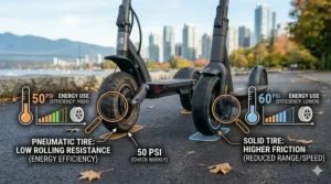 Chart showing the energy efficiency and speed differences between pneumatic and solid tires for long-distance commuting.